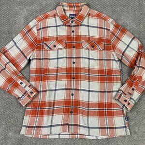 Patagonia Fjord Flannel Shirt Men's Large Red Orange Gray Organic Cotton 53947
